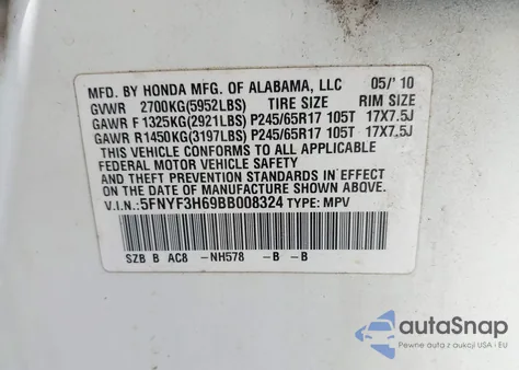 2011 Honda Pilot Ex-L из США, поврежденный, VIN 5FNYF3H69BB008324